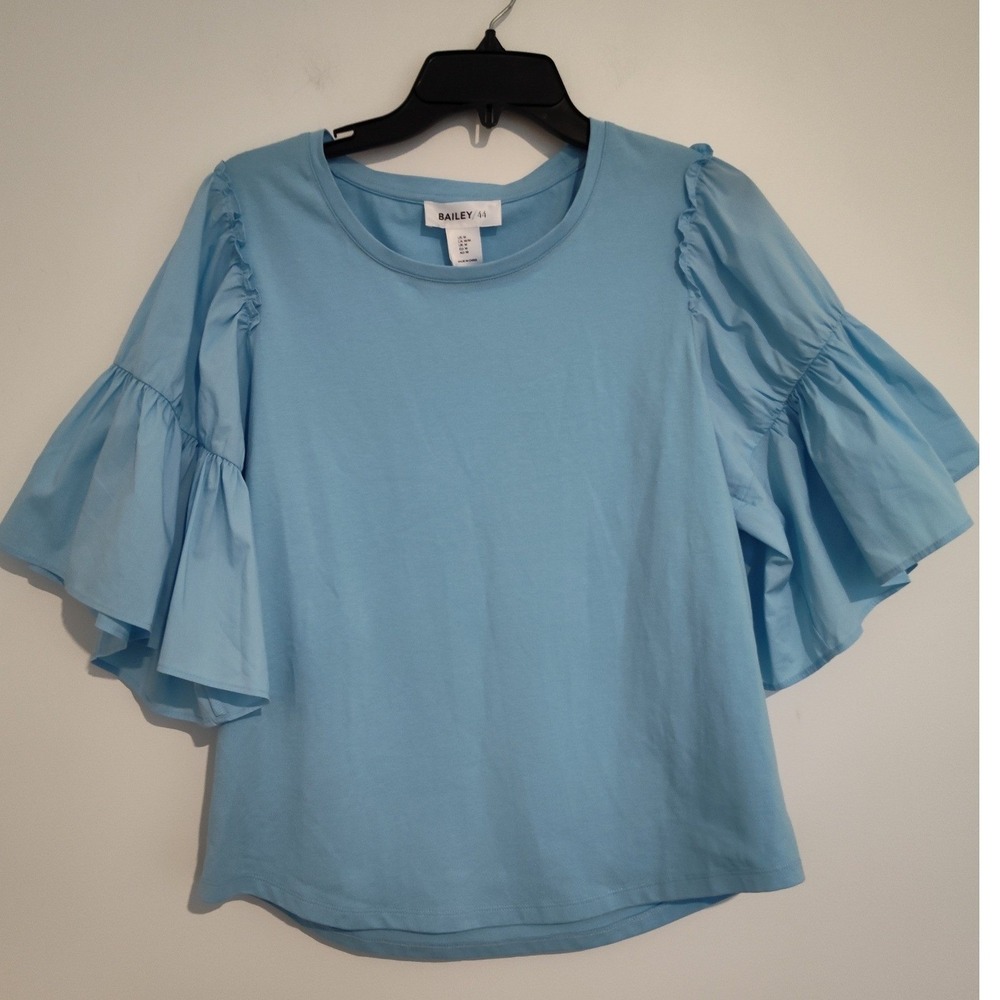 Bailey 44 Womens Light Blue Ruffle Bell Sleeve Crew Neck Top Size M NWT